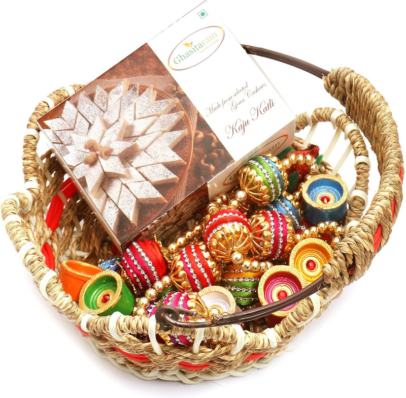 Ghasitaram Gifts Hampers-Jute Cane Basket with Kaju Katli, Toran and Diyas Combo(9) Ghasitaram Gifts Hampers-Jute Cane Basket with Kaju Katli, Toran and Diyas Combo(9)