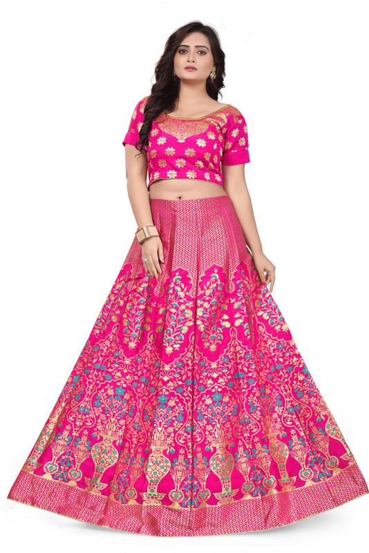 Salwar Studio Printed Semi Stitched Lehenga Choli(Gold, Pink)