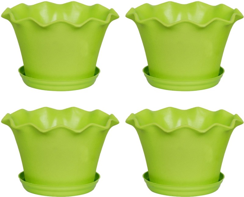 Meded Garden Essential Plastic Orchid er/ Pots With Tray (9.5 inch, Green, Set of 4)  Container(Plastic, External Height - 16 cm)