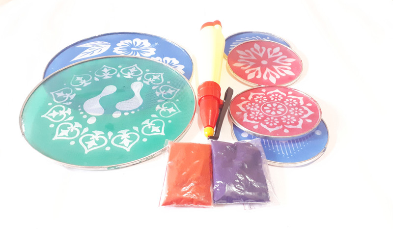 oramsa Complete Rangoli Kit " 2 Round Stencils- 8 Inch, 4 round stencils -4inch ,1 Rangoli Pen and 2 color pouch Rangoli Stencil
