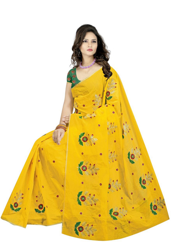 fantasy fab Embroidered Bollywood Cotton Silk Saree(Yellow)