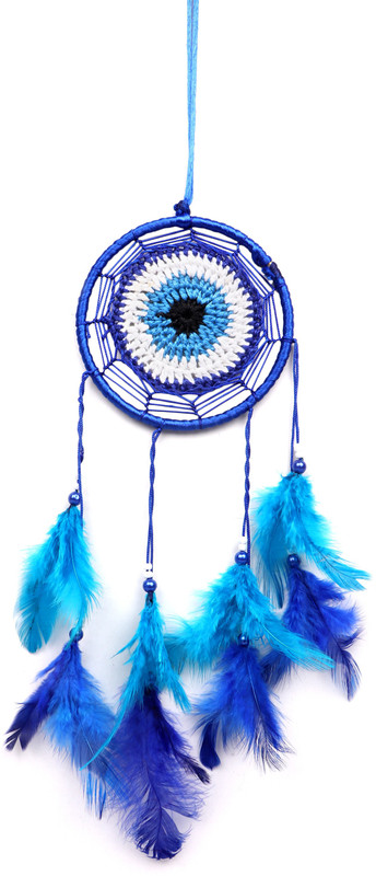 blankleaf  Evil Eye Car & Wall Hanging Round Dream Catcher Decorative Showpiece - ( Blue) Wool Windchime(12 inch, Blue)