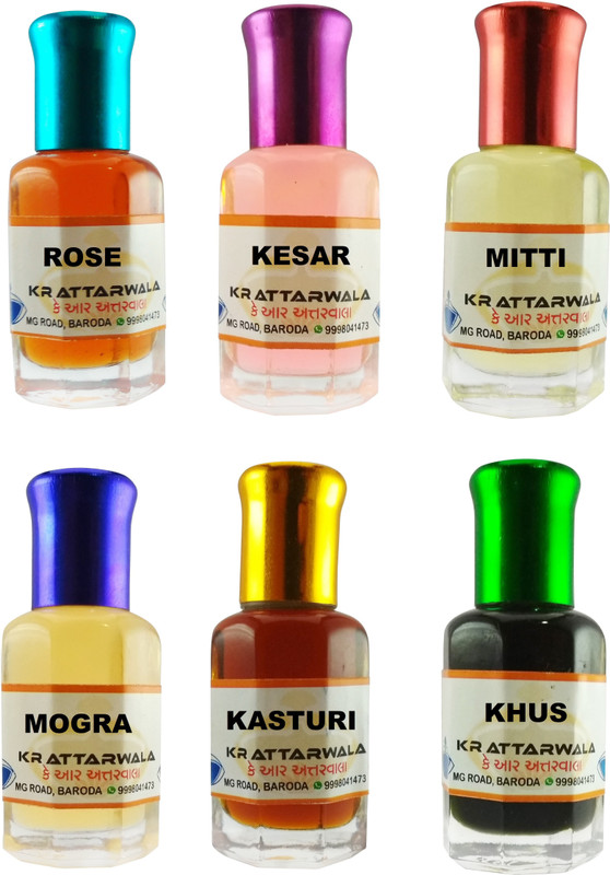 Kr Attarwala Rose Kesar Mitti Mogra Kasturi Khus 6ml Roll-on Ittars - Long Lasting Scent Pooja Perfume Aroma Oil - Non Alchoholic Pure Concentrated Floral Attar(Zafari)