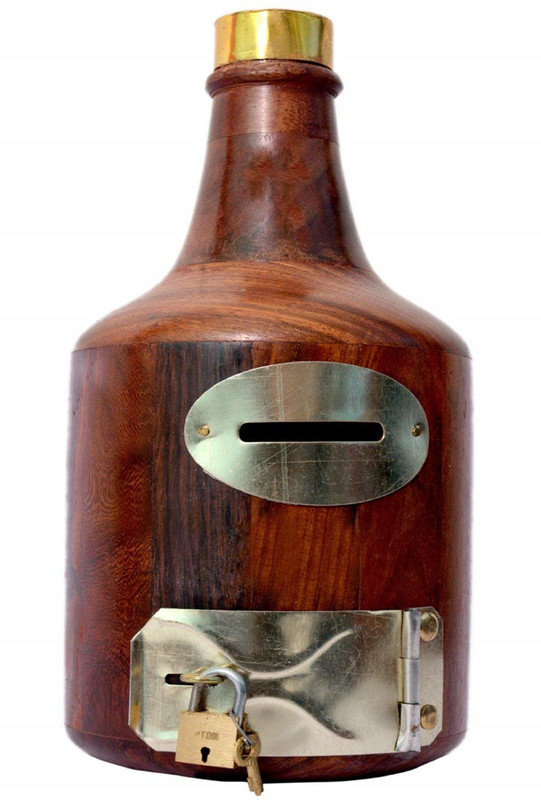 sk handicrafts Wooden Bottle Shape Money Bank with lock Coin Bank(Brown)
