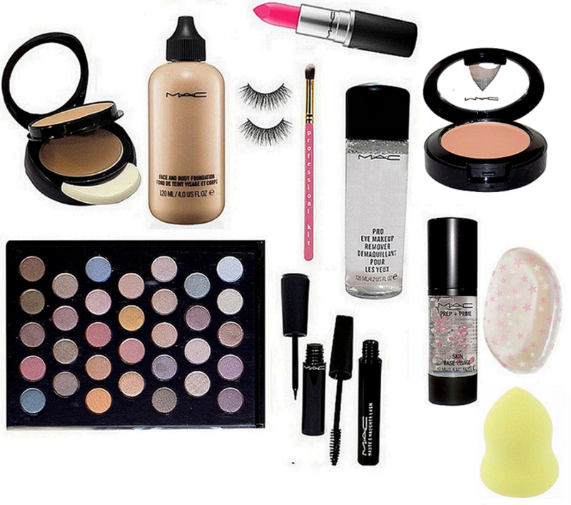 professional kit Brushs & 32 Shade Eyeshadow& Eyelashes & Pink Lipstick & Face Compact & Eyeliner & Mascara & Foundation & Eye Makeup Remover & Pink Shade Blusher & Primer& Sponge Puff & Silicon Puff(Set of 13)