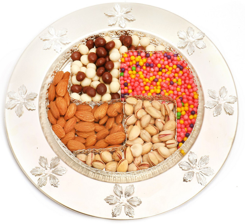 Ghasitaram Gifts Chocolate Hampers-Swastik Thali with Almonds, Pistachios, Nutties, Rice Crunchies Combo(5)