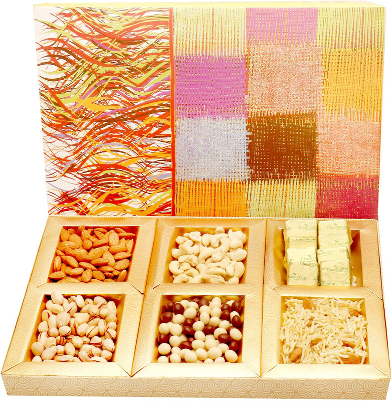 Ghasitaram Gifts Chocolate Hampers-Colurful Hamper box with Almonds, Cashews, Pistachios, Namkeen, Chocolate and Nutties 600 gms Combo(7)