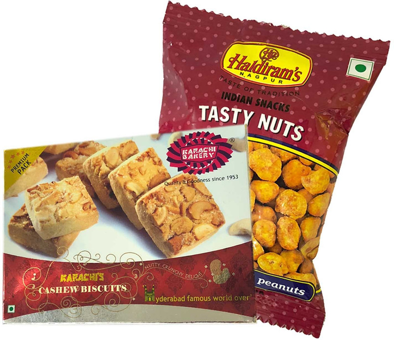 Mithai4all Diwali Gift Hamper of Cashew Biscuits, Tasty Nuts (150gms) with Paper Bag Combo(1 Hamper)