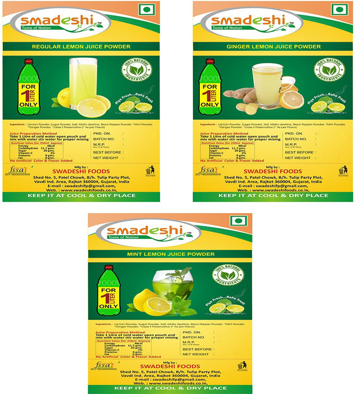 smadeshi Regular Lemon juice zip pack (100 grams), Ginger Lemon juice zip pack (100 grams) with free Mint Lemon juice zip pack (100 grams)(100 g, Pack of 3)
