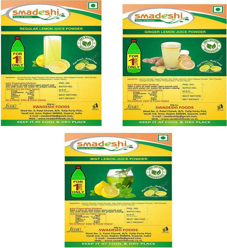 smadeshi Regular Lemon juice zip pack (100 grams) Pack of 3 with free Ginger Lemon juice zip pack (100 grams), Mint Lemon juice zip pack (100 grams)(100 g, Pack of 3)
