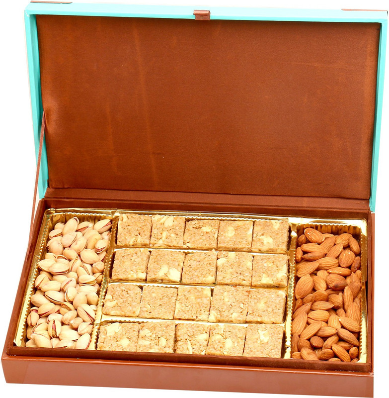 Ghasitaram Gifts Healthy Hampers-Green Wooden Hamper box with Granula Bites , Almonds and Pistachios Combo(4)