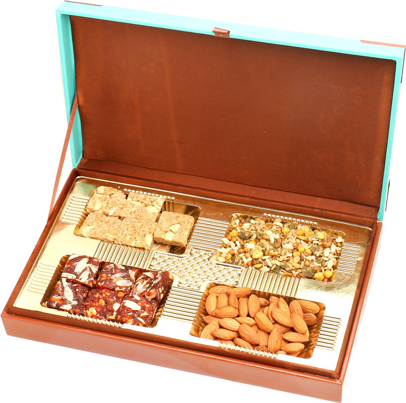 Ghasitaram Gifts Healthy Hampers-Green Wooden Hamper box with Almonds, Sugarfree Dates Figs Bites, Granula Bites and Roasted Namkeen 400 gms Combo(5)