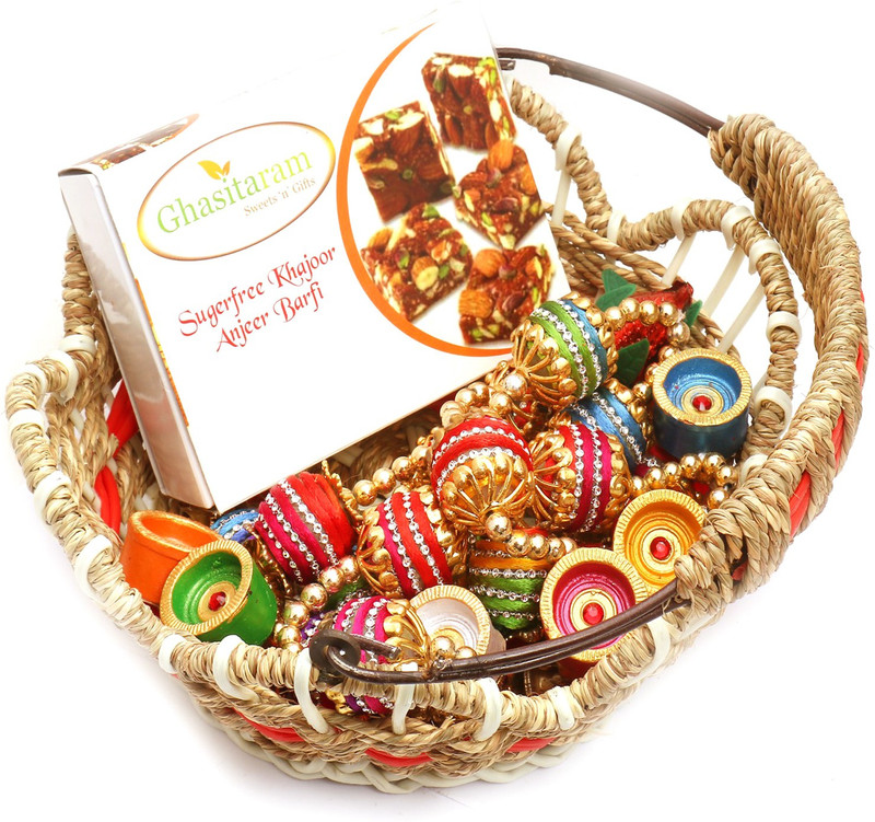 Ghasitaram Gifts Healthy Hampers-Jute Cane Basket with Sugarfree Mix, Toran and Diyas Combo(9)