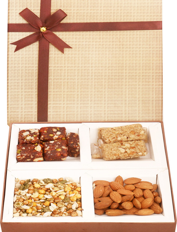Ghasitaram Gifts Healthy Hampers-Brown Checks Almonds, Roasted Protein Namkeen, Granola Bars and Dates Figs Bites Box Combo(5)