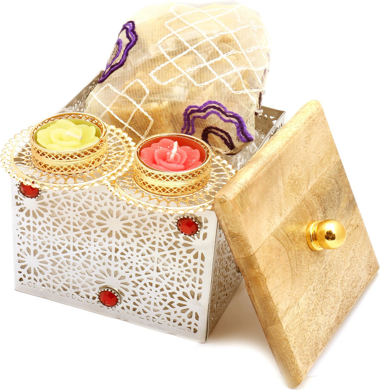 Ghasitaram Gifts Healthy Hampers-Silver Wooden Box with Granula Bites Pouch and 2 T-Lites Combo(4)