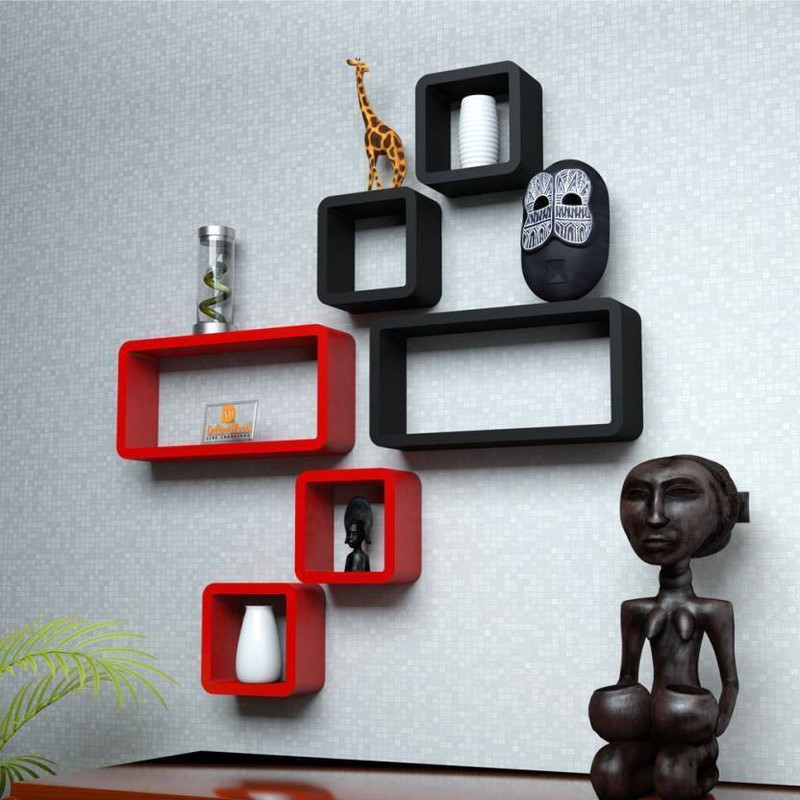 classiconline WOODEN WALL RACK SHELVES Wooden Wall Shelf(Number of Shelves - 6, Black, Red)