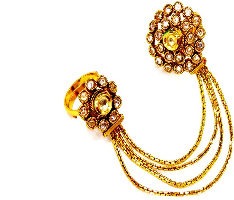 beauty plus collection UNIQUE TWO FINGER RING IN KUNDAN Brass Crystal Gold Plated Chain Ring - Multi Finger