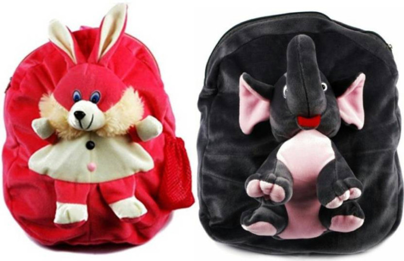 saburi Pink Rabbit And Gray Elephant Nursery Play Kids School Bag-Set of 2 - 14 inch  - 14 inch(Multicolor)