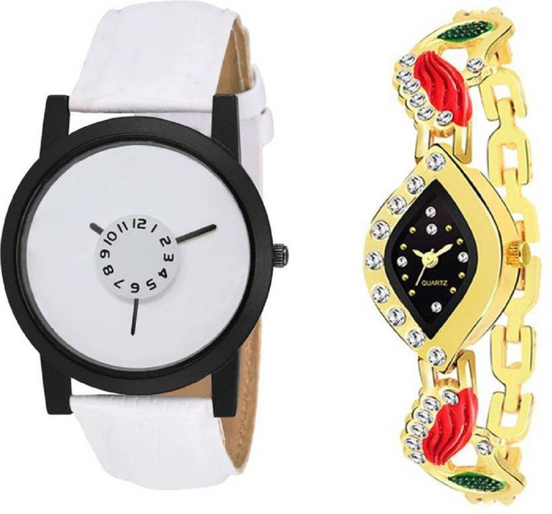 goodfortune Couple 2 Latest trending Glamorous White Dial (=) & Golden Oval Black Dial UpComing Designs unique collection choices for Boys&Girls Analog Watch  - For Men & Women