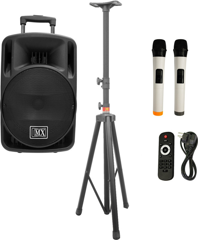 MX Premium 12 inches Portable Multimedia Trolley Speaker With Speaker stand and Built-in Amplifier Battery Bluetooth Usb Radio Fm Sd Card Aux Input & 2 Wireless Microphone Remote 3465A - 3712 MR Indoor, Outdoor PA System(225 W)