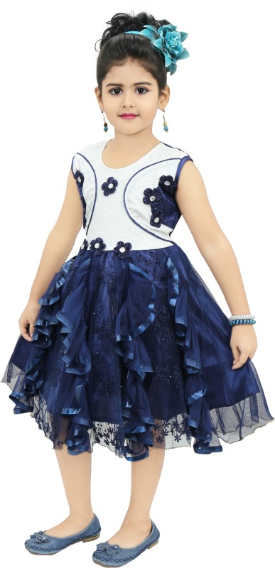 Chandrika Pearls Girls Midi/Knee Length Party Dress(Dark Blue, Sleeveless)