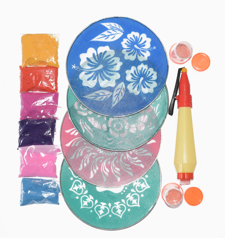 oramsa combo of rangoli kit of Dry rangoli powder 6*50gm (any 6) , 4 rangoli filler, 1 rangoli pen and 4 rangoli stencil 8inch Rangoli Stencil