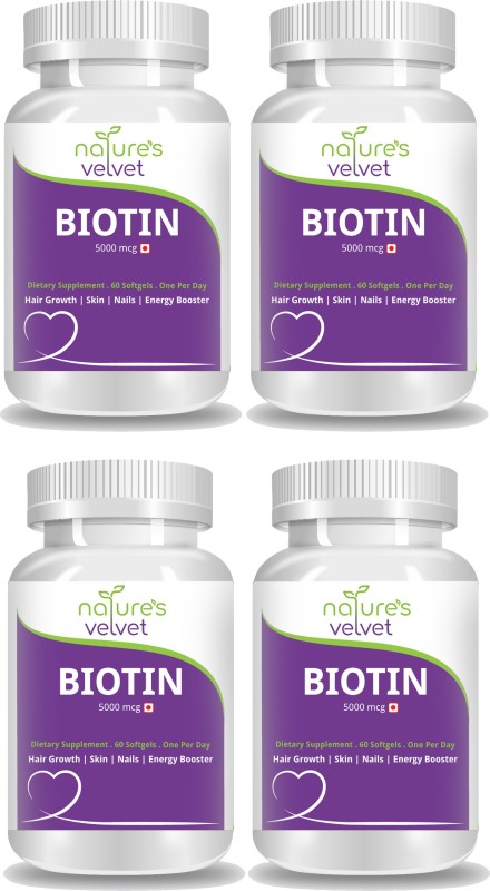 Natures Velvet Lifecare Biotin 5000mcg, for y Hair, Skin & Nails and Energy, 60 Softgels - Pack of 4(5 mg)