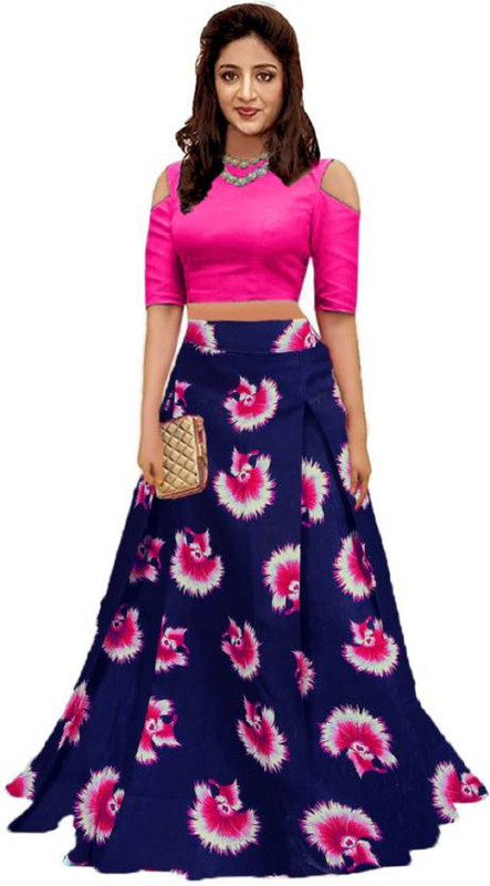 crezz n world Printed Semi Stitched Lehenga & Crop Top(White, Blue, Pink)