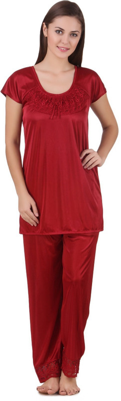 Freely Women Solid Maroon Top & Pyjama Set