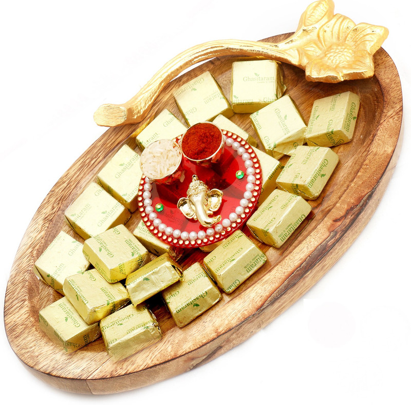 Ghasitaram Gifts Wooden Chocolate Platter with Mini Pooja Thali Combo(3)