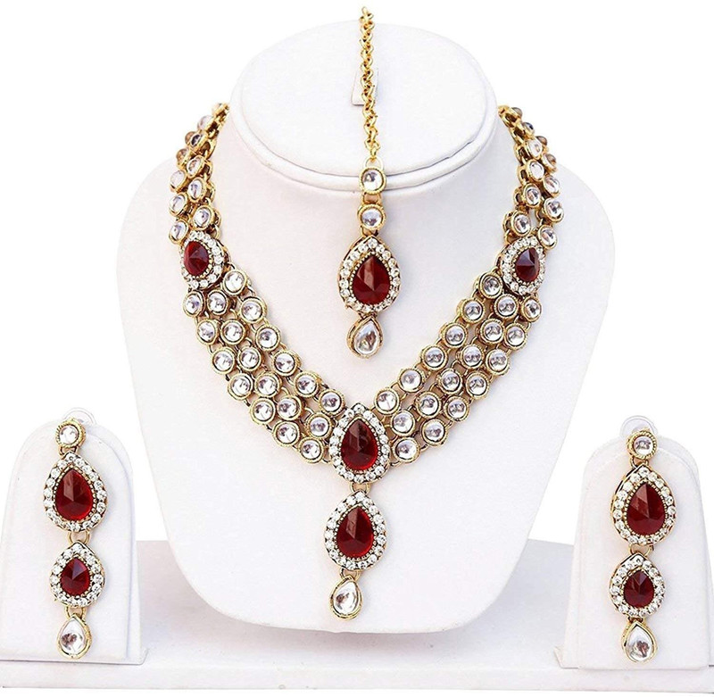 aradhya Alloy, Crystal, Stone, Cotton Dori Jewel Set(Maroon, Silver)