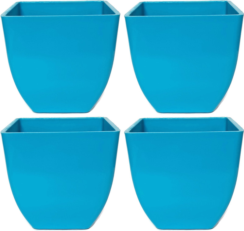 rgdecor Decorative and Durable 4 Blue Colour Pearl Square Pot - Side 5 inch, Height 5 inch Plant Container Set(Pack of 4, Plastic)