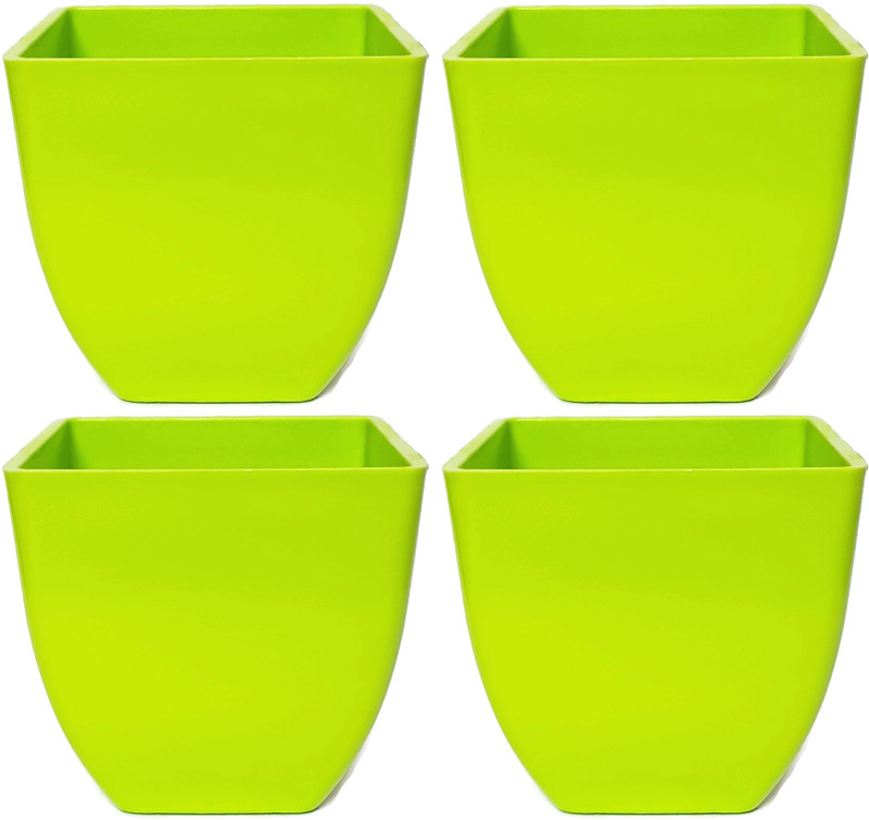 rgdecor Decorative and Durable 4 Green Colour Pearl Square Pot - Side 5 inch, Height 5 inch Plant Container Set(Pack of 4, Plastic)