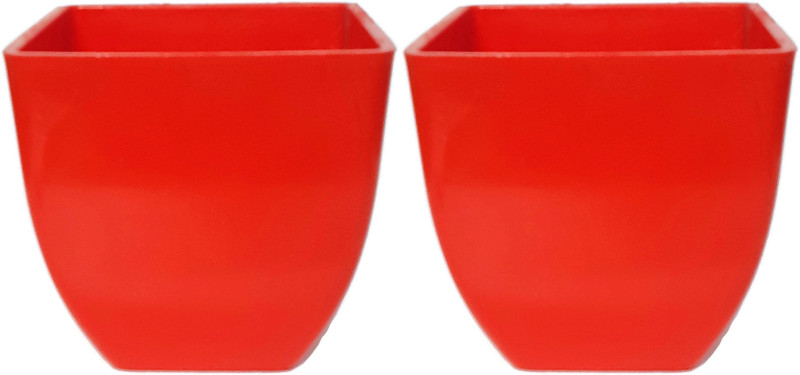 rgdecor Decorative and Durable 2 Red Colour Pearl Square Pot - Side 5 inch, Height 5 inch Plant Container Set(Pack of 2, Plastic)
