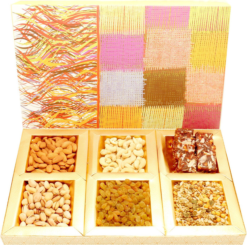 Ghasitaram Gifts Sugarfree Sweets-Colurful Hamper box with Almonds, Cashews, Pistachios, Raisins, Roasted Namkeen and Sugarfree Mix 600 gms Combo(7)