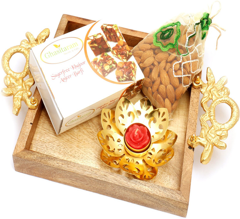 Ghasitaram Gifts Sugarfree Sweets-Square wooden Platter with Sugarfree Mix, almonds Pouch and Golden T-Lite Combo(4)