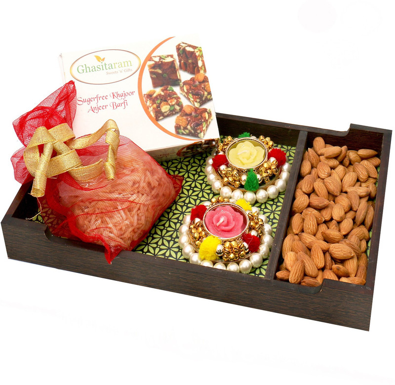 Ghasitaram Gifts Green Wooden Tray Hamper of Natural Sugarfree Mix, Namkeen, Almonds and T-lites Combo(4)
