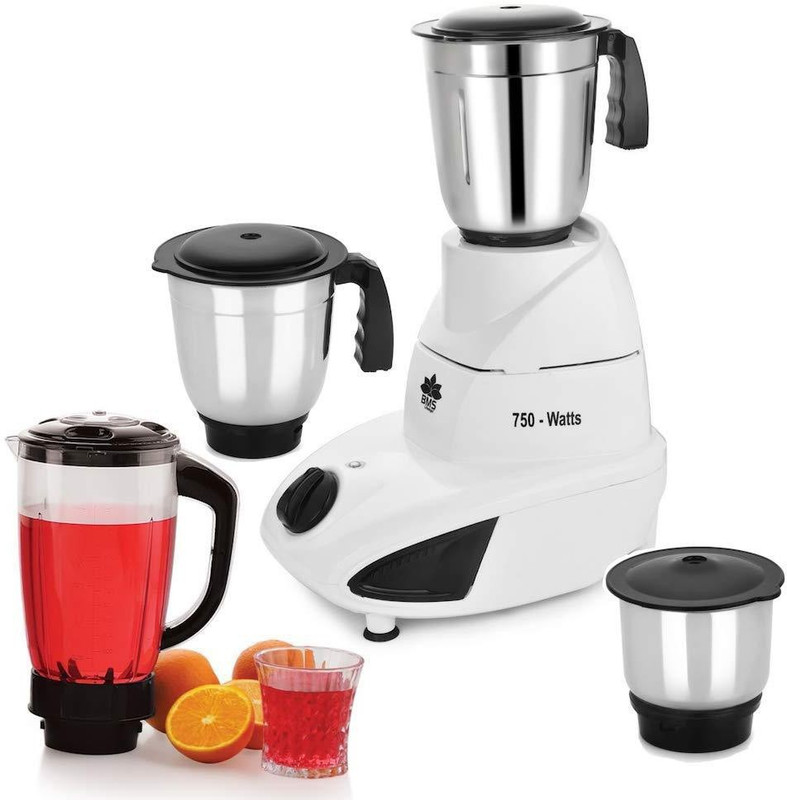BMS Lifestyle 750 W Mixer Grinder with 3 Stainless Steel and Liquid Juicer Jar 750 Juicer Mixer Grinder(White, 3 Jars)