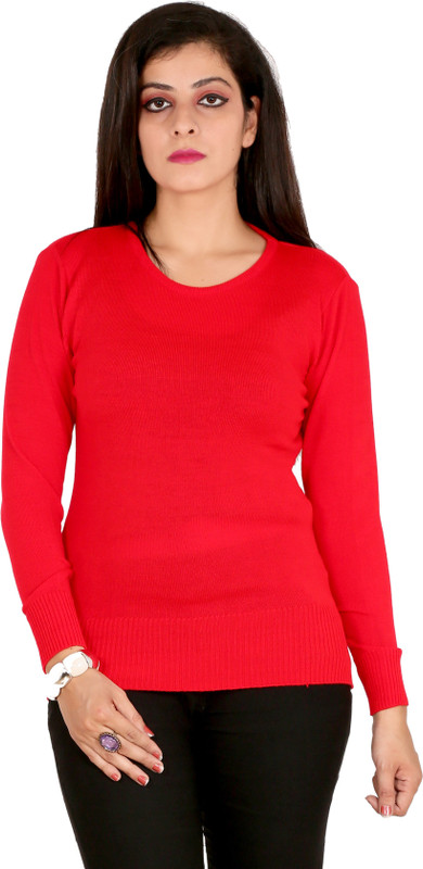 western vastra Solid Round Neck Casual Women Red Sweater