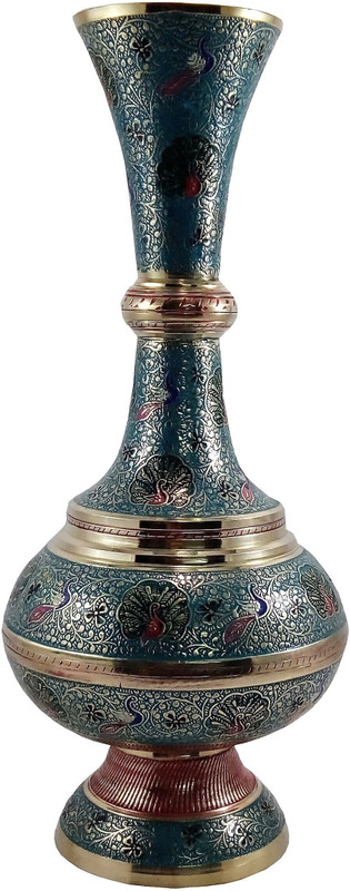 mozohub MOZO HUB Brass Sky Blue Flower vase Arbi Surai pattern 39 cm Brass Vase(15 inch, Blue)