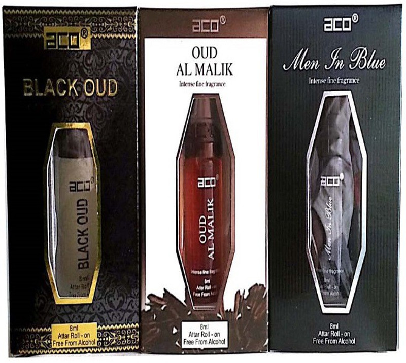 aco PERFUMES aco BLACK OUD, OUD AL MALIK, MEN INBLUE, 8ML attar roll on pack of 3 Floral Attar(Citrus)