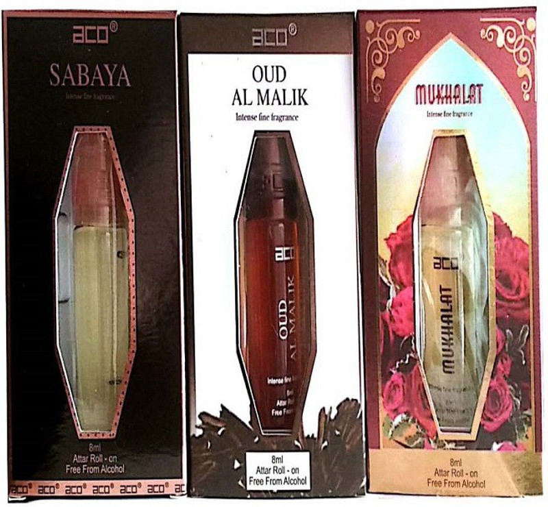 aco PERFUMES aco SABAYA, OUD AL MALIK, MUKHALAT, 8ML attar roll on pack of 3 Floral Attar(Citrus)