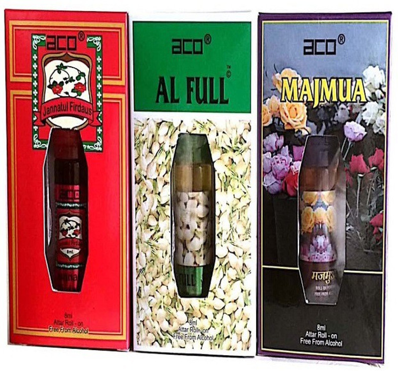 aco PERFUMES aco JANNATUL FIRDOUS, ALFULL, MAJMUA, 8ML attar roll on pack of 3 Floral Attar(Jannat ul Firdaus)