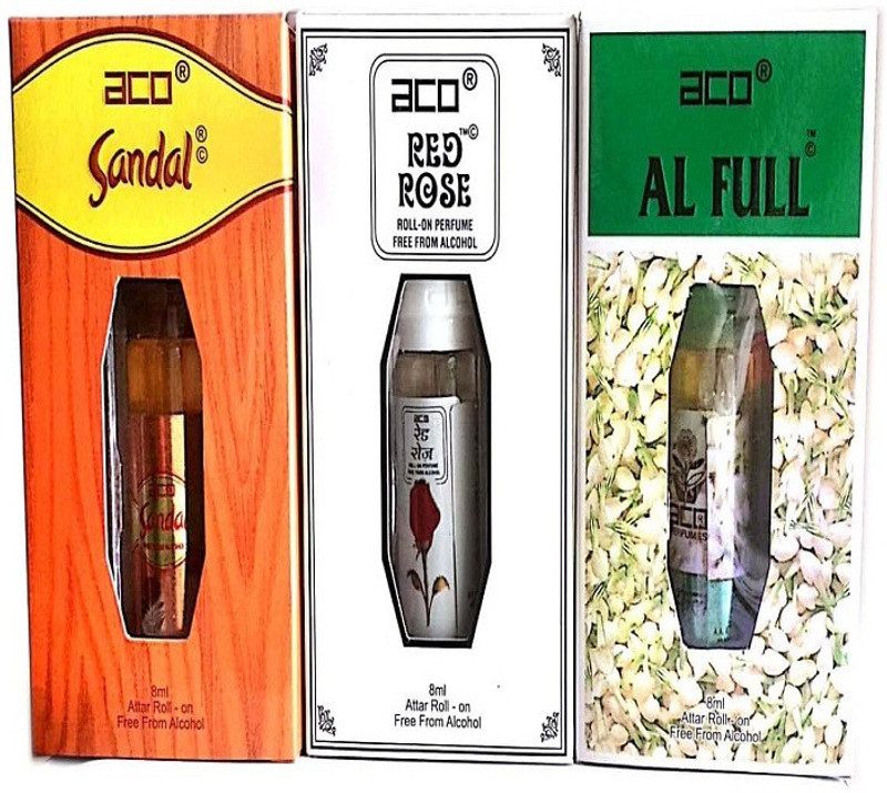aco PERFUMES aco SANDAL, RED ROSE, ALFULL, 8ML attar roll on pack of 3 Floral Attar(Floral)