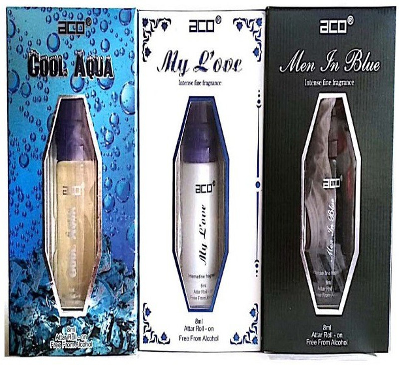aco PERFUMES aco COOL AQUA, MY LOVE, MEN IN BLUE, , 8ML attar roll on pack of 3 Floral Attar(Citrus)