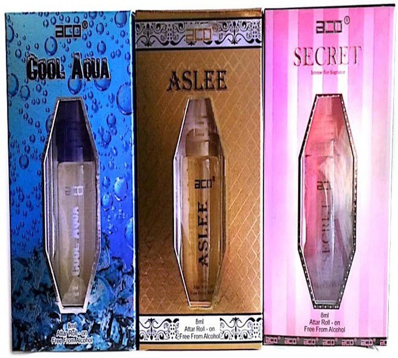 aco PERFUMES aco COOL AQUA, ASLEE, SECRET, 8ML attar roll on pack of 3 Floral Attar(Citrus)