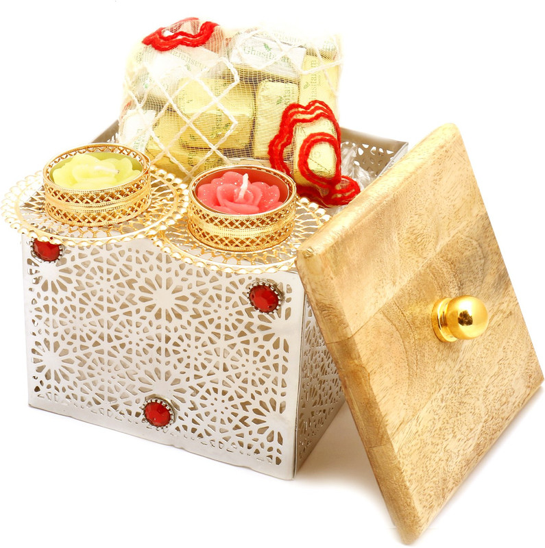 Ghasitaram Gifts Chocolates-Silver Wooden Box with Chocolates Pouch and 2 T-Lites Combo(4)