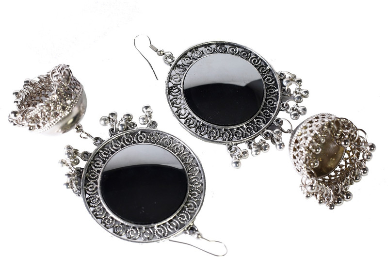prasi style trendy silver oxidised jhumki earing with beautiful mirror detailing Silver Jhumki Earring