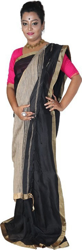 shubh deo Self Design Handloom Handloom Cotton Blend, Cotton Linen Blend Saree(Black)