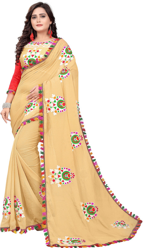 parth sarees Embroidered Fashion Poly Georgette Saree(Cream)